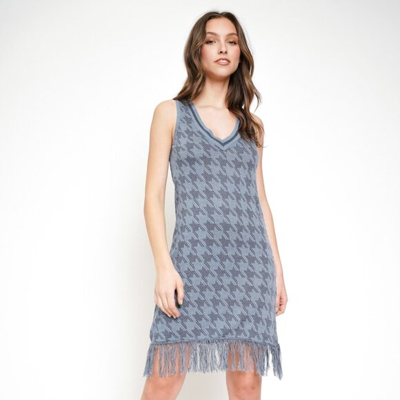 MYSTREE Blue Houndstooth Fringe Hem Sleeveless Dress Retro Boho Style - Picture 3 of 7